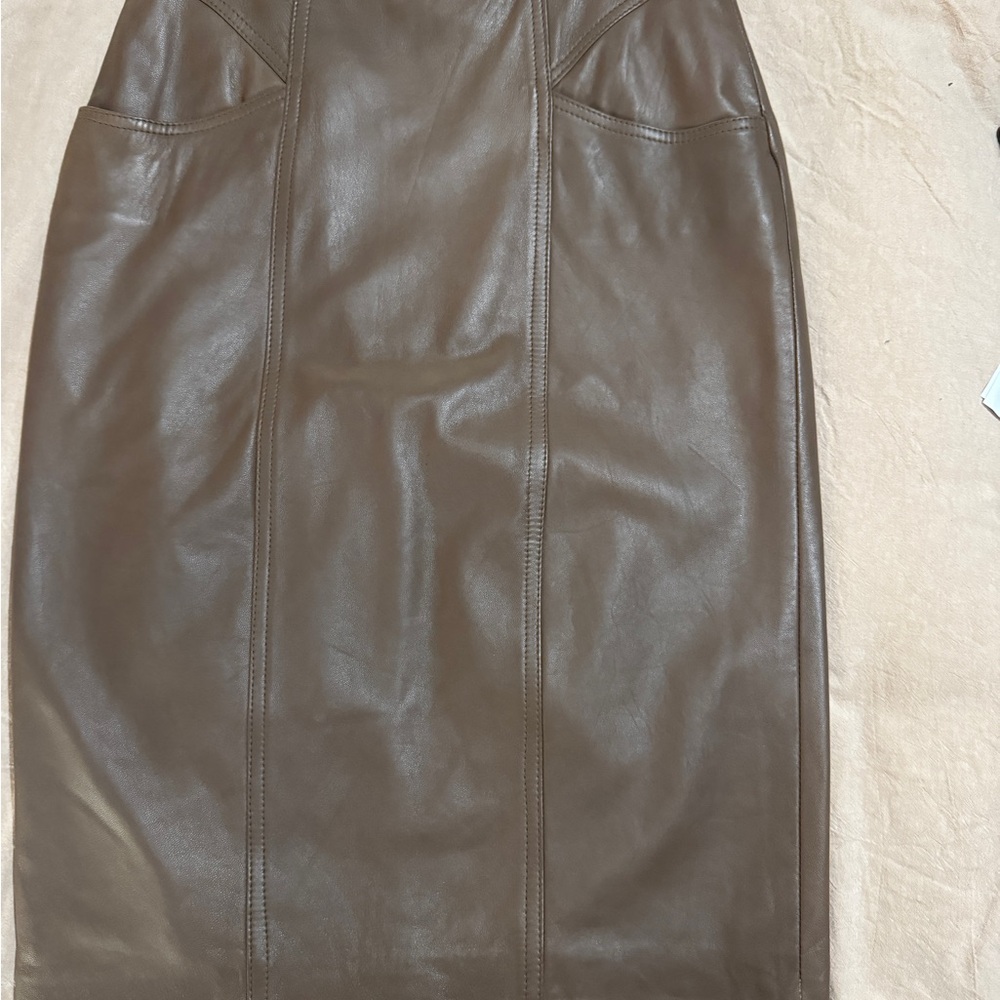 Vintage Taupe leather midi pencil skirt with pockets.  Size 4